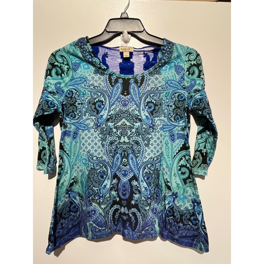 One World Paisley Rhinestone Sharkbite‎ Top Blue Turquoise Lace Back PM
